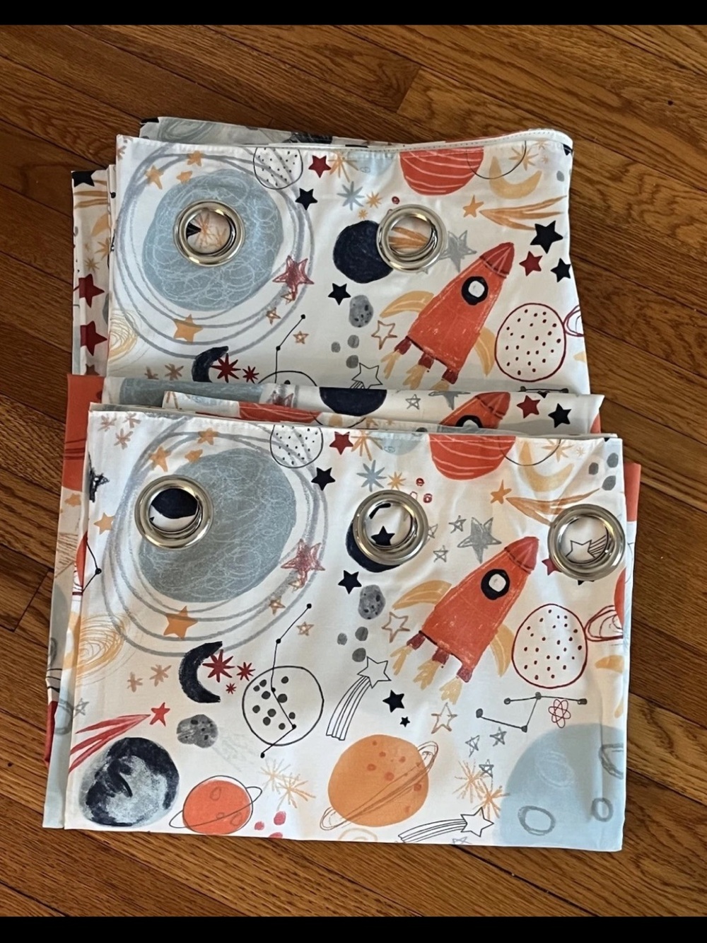 Next Kids Space Doodle Planets Black Out Curtains Blue Orange White 66”x54”